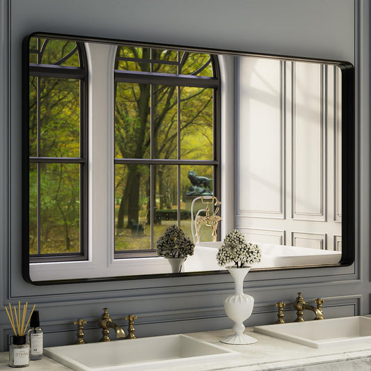 ISKM Large Black Framed Mirror for Bathroom 60" x 36" Wall Mounted Mirror Black Metal Framed Bathroom Mirror for Wall Round Corner Hangs Horizontal Or Vertical