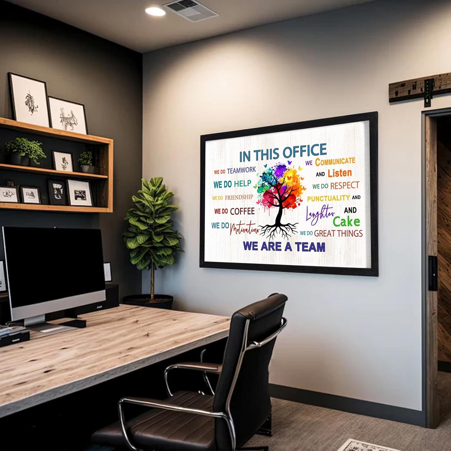 In This Office We Are A Team Wall Decor 24x18 Inch Frame Office Inspirational Wall Art, Motivational Teamwork Wooden Hanging Sign
