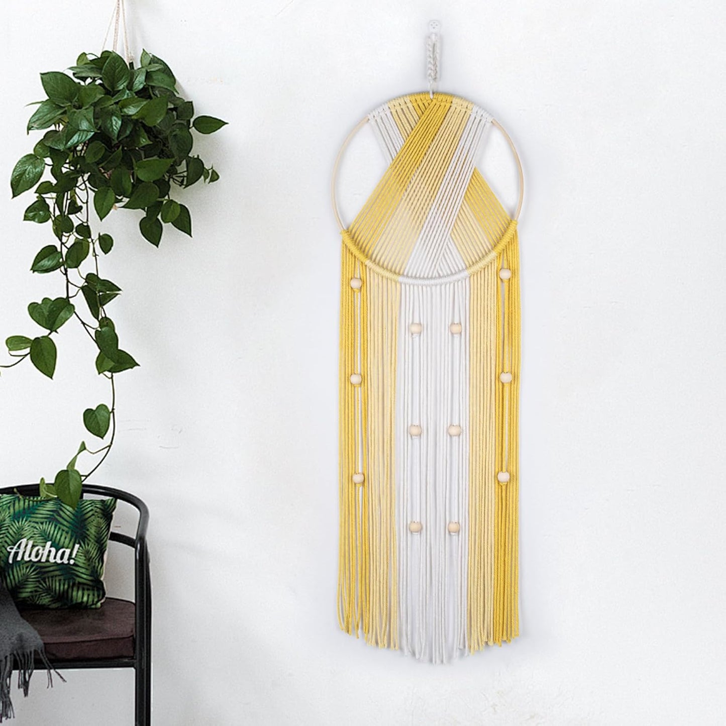 LB Boho Yellow Macrame Wall Hanging Handmade Woven Cotton Tapestry with Wood Board Modern Yellow and Beige Aesthetic Wall Decor for Home, Bedroom, Living Room