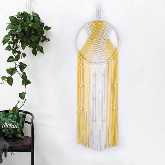 LB Boho Yellow Macrame Wall Hanging Handmade Woven Cotton Tapestry with Wood Board Modern Yellow and Beige Aesthetic Wall Decor for Home, Bedroom, Living Room