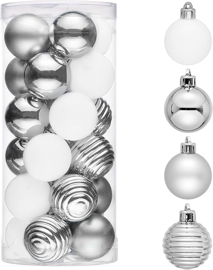Valery Madelyn 1.57 Inches Small Christmas Tree Decorations Ornament Set for Fall Halloween, 24ct White and Silver Shatterproof Hanging Ball Ornaments Holiday Party Decor
