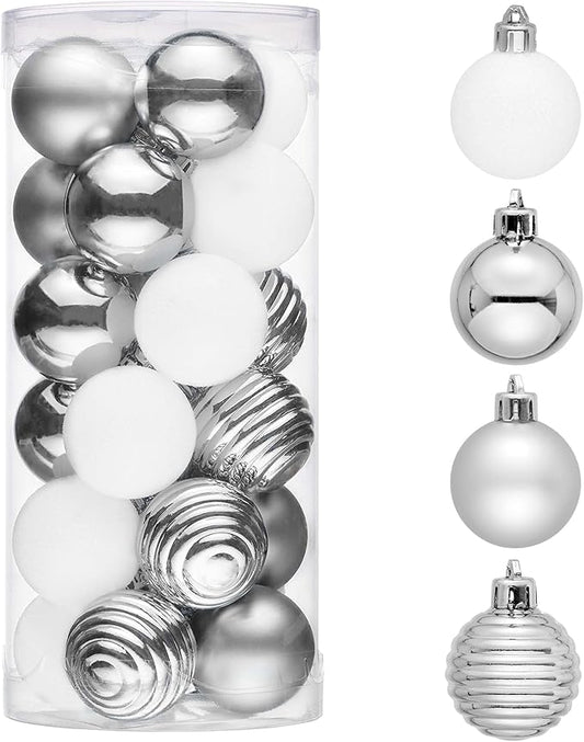 Valery Madelyn 1.57 Inches Small Christmas Tree Decorations Ornament Set for Fall Halloween, 24ct White and Silver Shatterproof Hanging Ball Ornaments Holiday Party Decor
