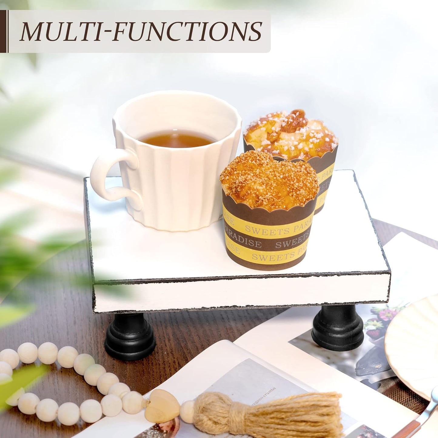 EOSAHR Decorative Wooden Riser for Display : Farmhouse Pedestal Stand for Retro Home Decor and Soap holder for Sink - The Rustic Tray Decor Riser for Kitchen & Bathroom (Black and White)