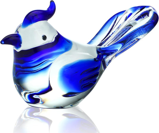 HDCRYSTALGIFTS 3.5inch Blown Glass Bird Figurines Collectibles Blue Jay Statue Ornament Decor Crystal Animal Paperweight Gift