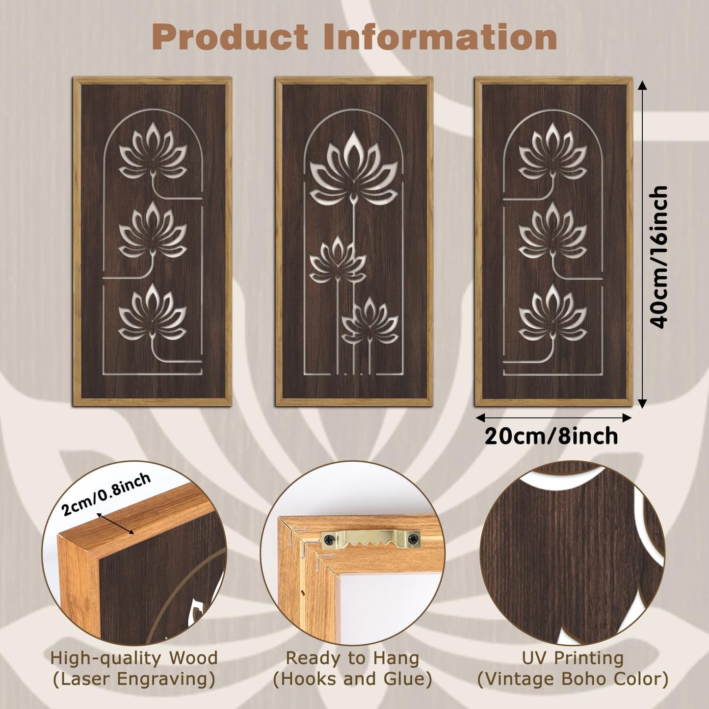 KAIRNE Lotus Wooden Wall Art,Vintage Farmhouse Room Decor,Set of 3(16” X 8”),Framed Mandala Lotus Flowers Wall Decor,Brown Retro Wood Hanging Board for Living Room yoga room Office Decoration