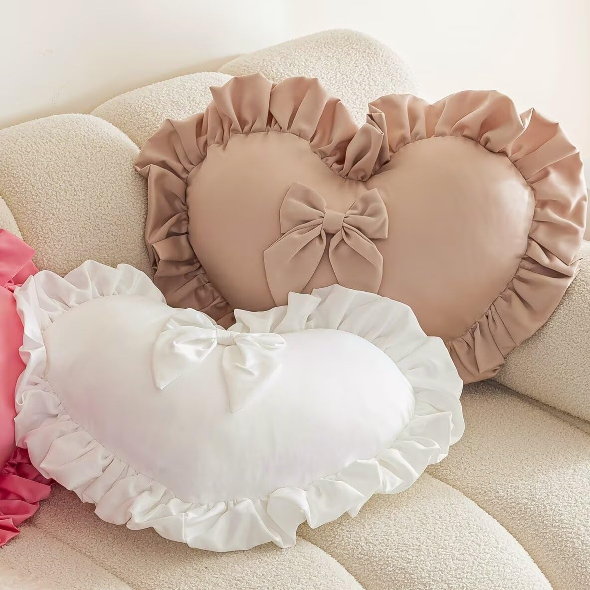 Heart Ruffled Throw Pillow,Velvet Heart Throw Pillow Bow Pillows Wedding Gifts Pillows Decorative Cushion for Sofa Bed Bay Window 20×16 inch,Hot Pink