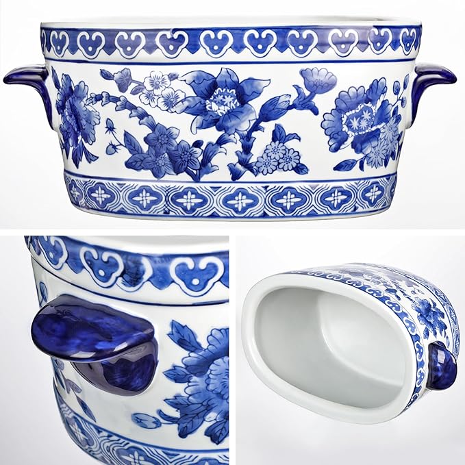 Blue and White Ceramic Planter Pot – Vintage Floral Oval Cachepot Vase for Indoor Plants, Flowers & Succulents – Glazed Chinese Porcelain Style Decorative Bowl – 7.4" or 10.6" Size – No Drainage