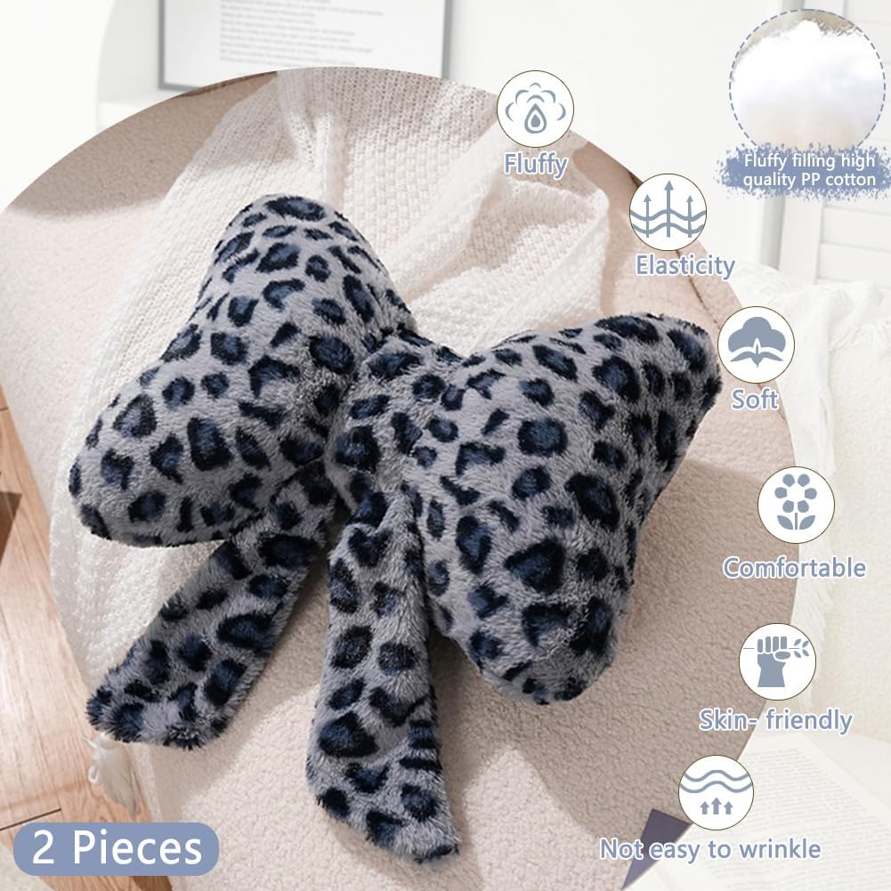 Leopard Print Throw Pillow Furry Bow Plush Pillows Cute Flower Plush Pillow Cheetah Home Decor Stuffed Bow Lumbar Pillow for Bed Couch Living Room Decor (Blue, 16in)