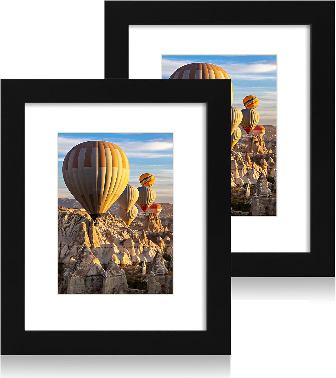 iRahmen 8x10 Picture Frame Set of 2 with HD Glass, Black Wood Photo Frames Display 5x7 Picture with Mat or 8 x 10 Without Mat for Horizontal or Vertical Tabletop and Wall Mounting