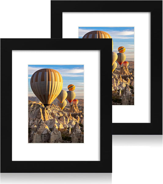 iRahmen 8x10 Picture Frame Set of 2 with HD Glass, Black Wood Photo Frames Display 5x7 Picture with Mat or 8 x 10 Without Mat for Horizontal or Vertical Tabletop and Wall Mounting