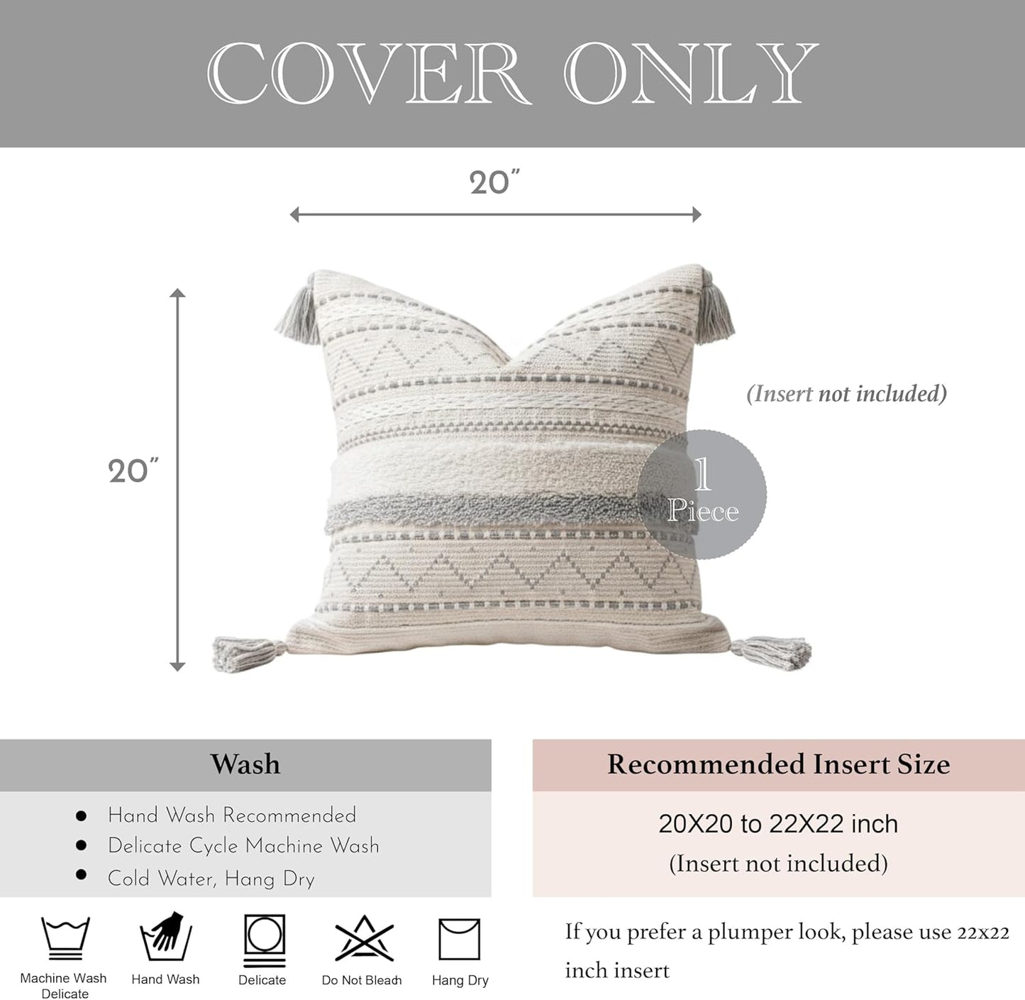 BlissBlush Gray Decorative Throw Pillow Cover 20x20 Square Boho Neutral White Accent Pillowcase Tassels Farmhouse Cushion for Couch Sofa Bedroom Living Room Home Décor (Cover ONLY, Pack of 1)