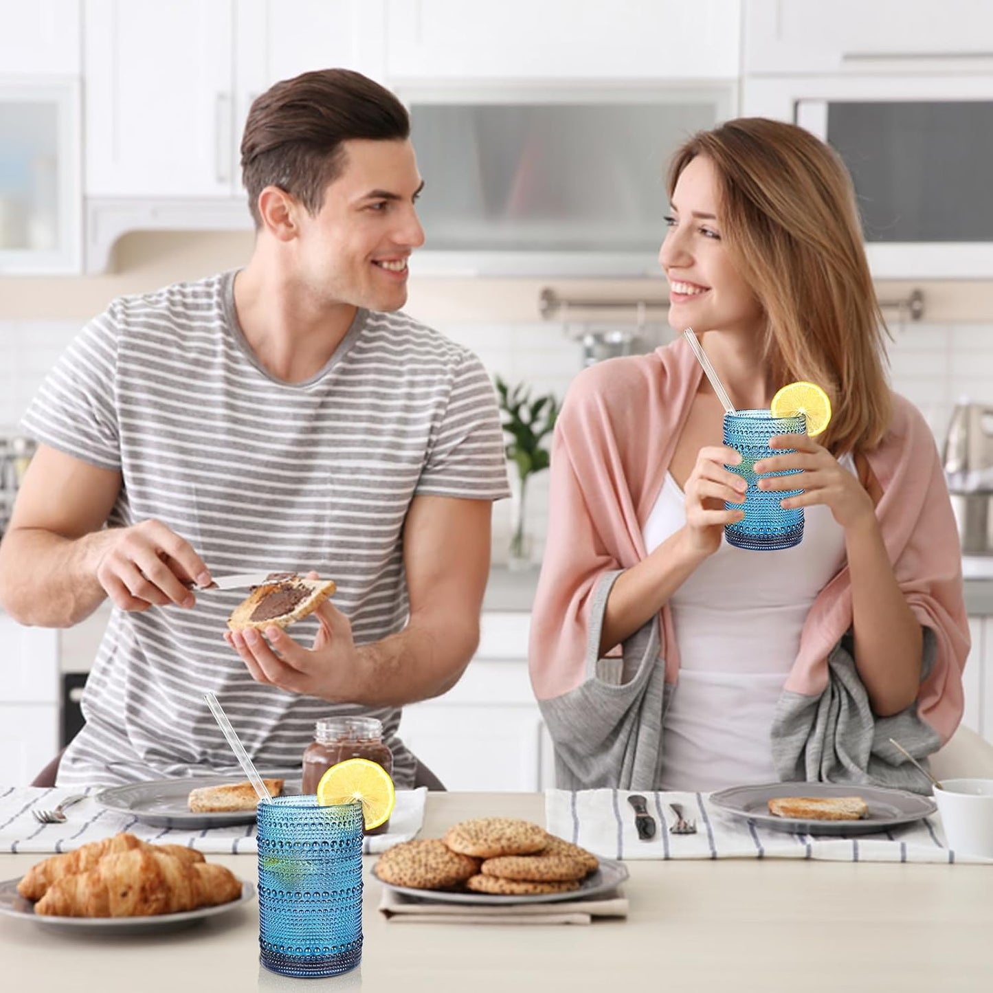 Large Hobnail Drinking Glasses Set of 6,15oz Blue Vintage Glassware,Embossed Glass Cups,Water Tumbler,Highball Glasses For Beer, Juice And Various Mixed Drinks