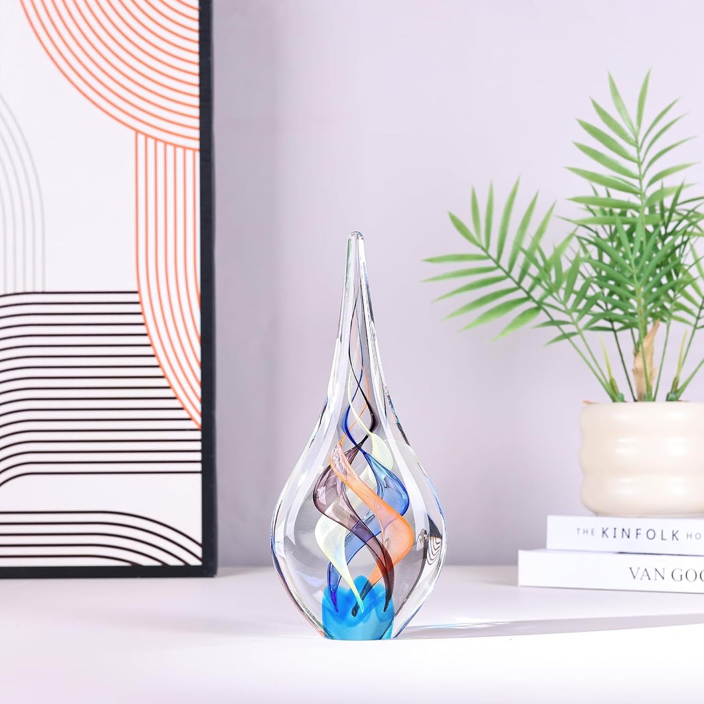 Blown glass sculpture, multi-color transparent glass art teardrop statue, unique ocean theme decoration for office, bookshelf, dresser, living room coffee table, fireplace countertop decoration.