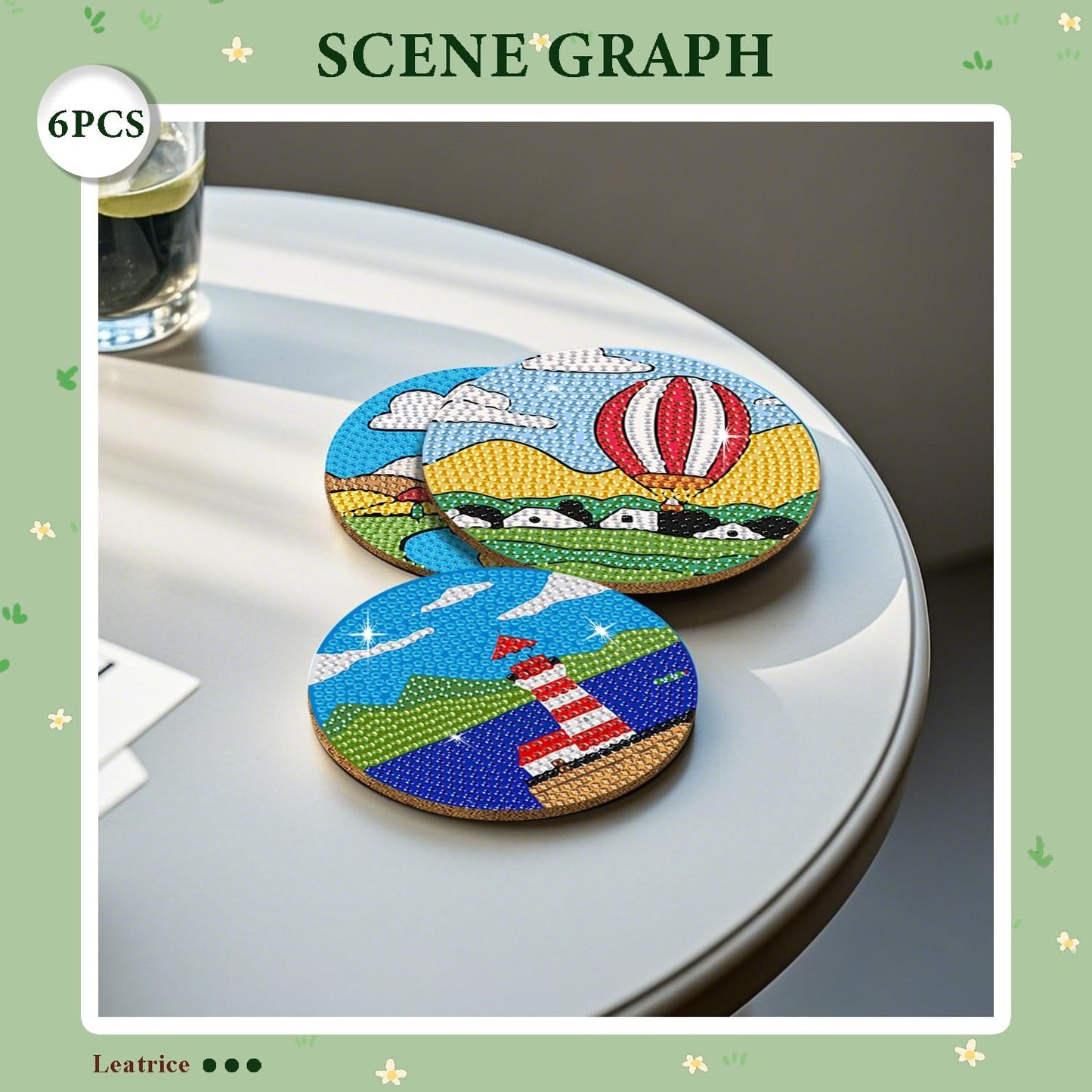Leatrice 6PCS Diamond Art Coasters Small Diamond Painting Kits for Adults Diamond Dots Round Full Drill Diamond Coasters with Holder Easy Art Crafts for Beginners Women Cartoon