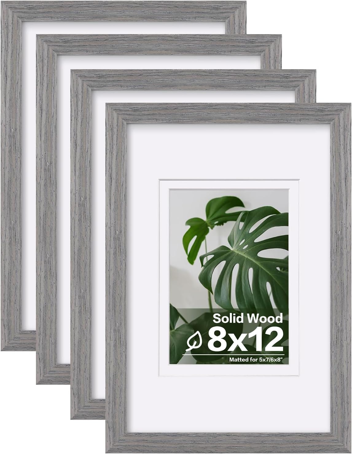 Egofine 8x12 Picture Frames Set of 4, Made of Solid Wood Covered by Plexiglass 5x7 and 6x8 with Mat or 8x12 without Mat, for Table Top Display and Wall Mounting Photo Frame Light Grey