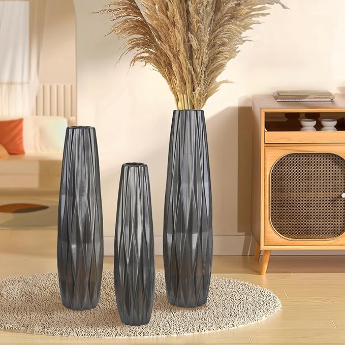 Silvery Ceramic Tall Floor Vase,24 Inch Large Modern Flower Vases for Home Décor,Wicker Big Floor Vase Decorations for Farmhouse, Living Room,Bedroom,Standing Plastic Vase Decorative Tall