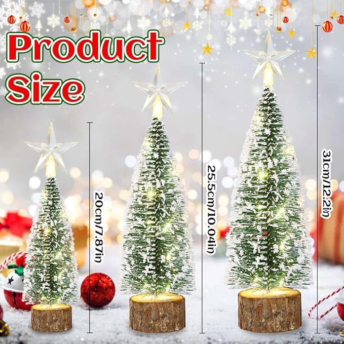 3Pcs Mini Christmas Tree for Table Decor Little Xmas Tree with LED Light for Table Centerpieces Tiny Bottle Brush Tree with White Snow for Home Indoor Tabletop Christmas Decoration