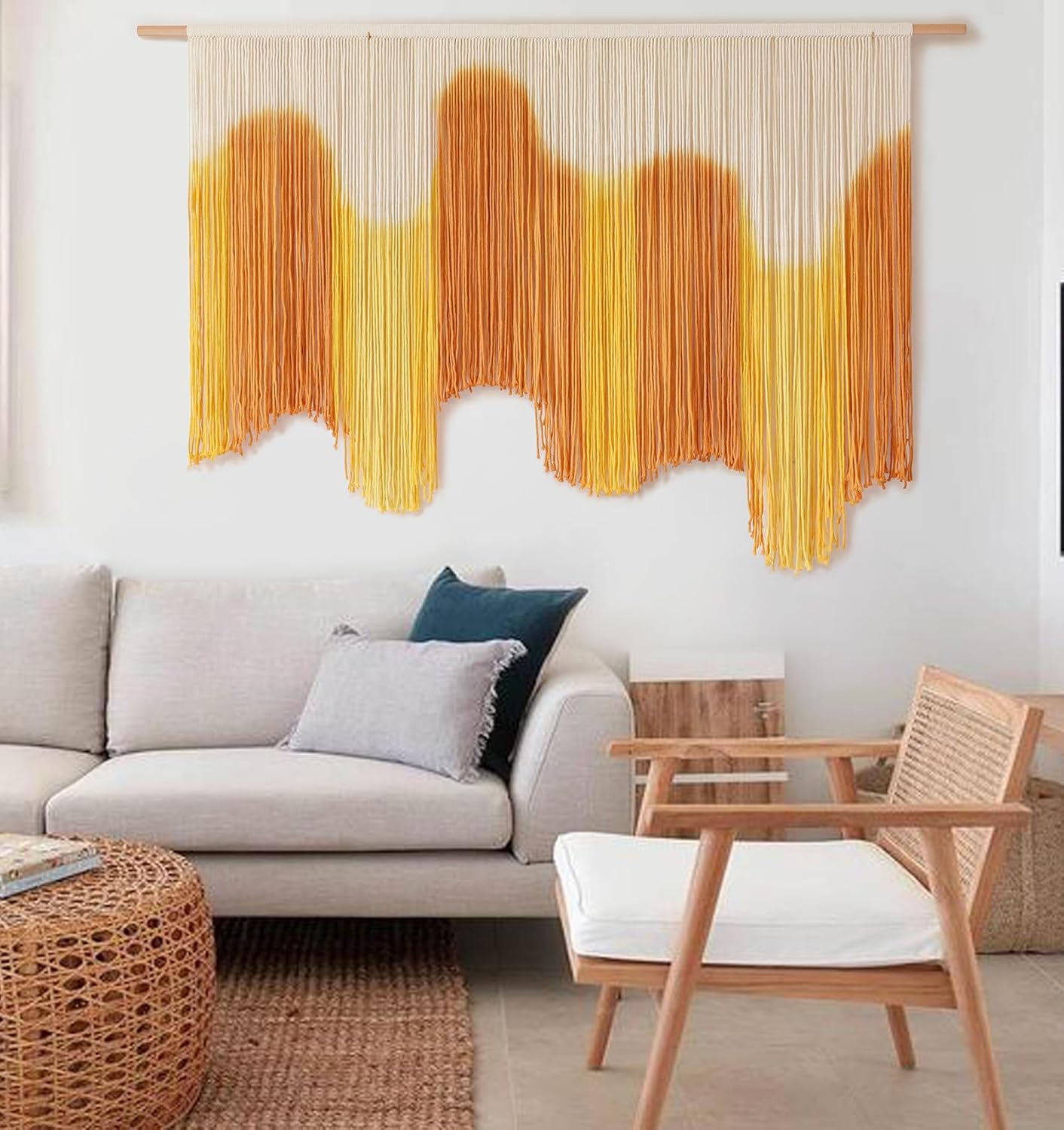 IOWER Macrame Wall Hanging Yellow Dip-Dyed Large For Living Room Boho Macrame Wall Decor 59" Wx37 L