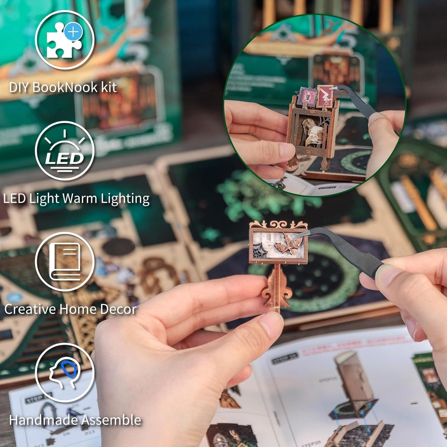 Cutefun Book Nook Kit, DIY Miniature House Kit for Beginners, Book Nook Kits for Adults, Wooden Dollhouse for Bookshelf Decor, Gifts for Family and Friends (The Darkness Herbarium)