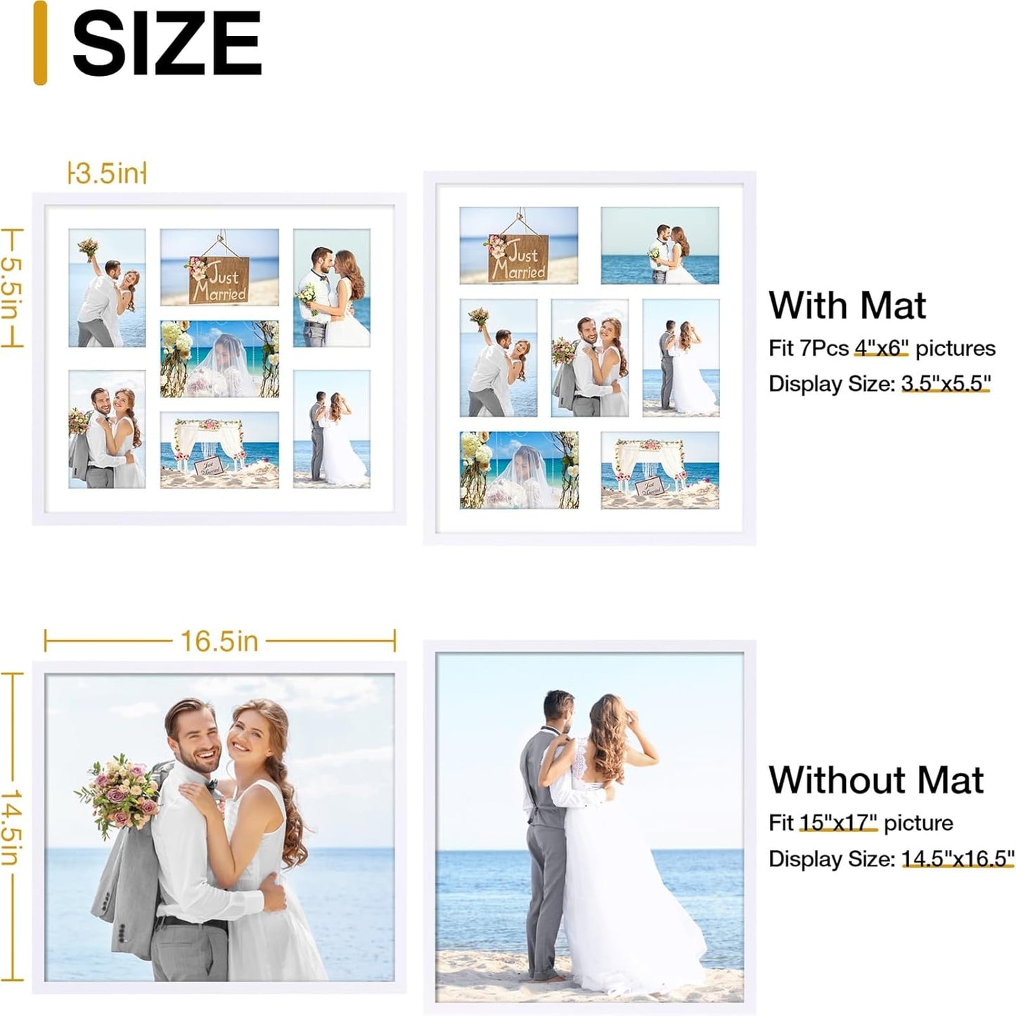 decorUhome 15x17 Picture Frames Collage Wall Decor, Display 7Pcs 4x6 Photos with Mat or 1Pcs 15x17 Unmatted, 7 4x6 Collage Picture Frames for Wall Mounting, White