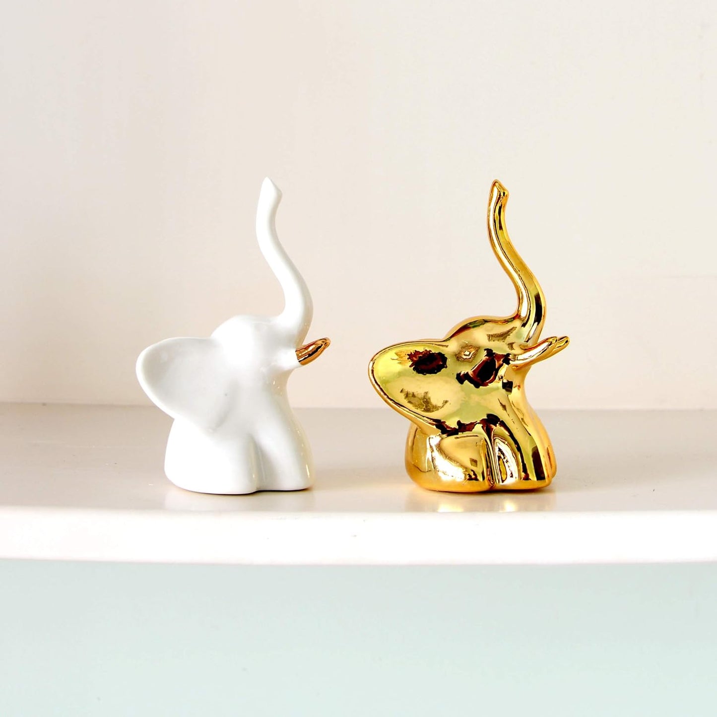Home Decor Elephant Statues,1 Pair, Small Decorative Accents for Shelves, Livingroom and Bedroom, Gold and White