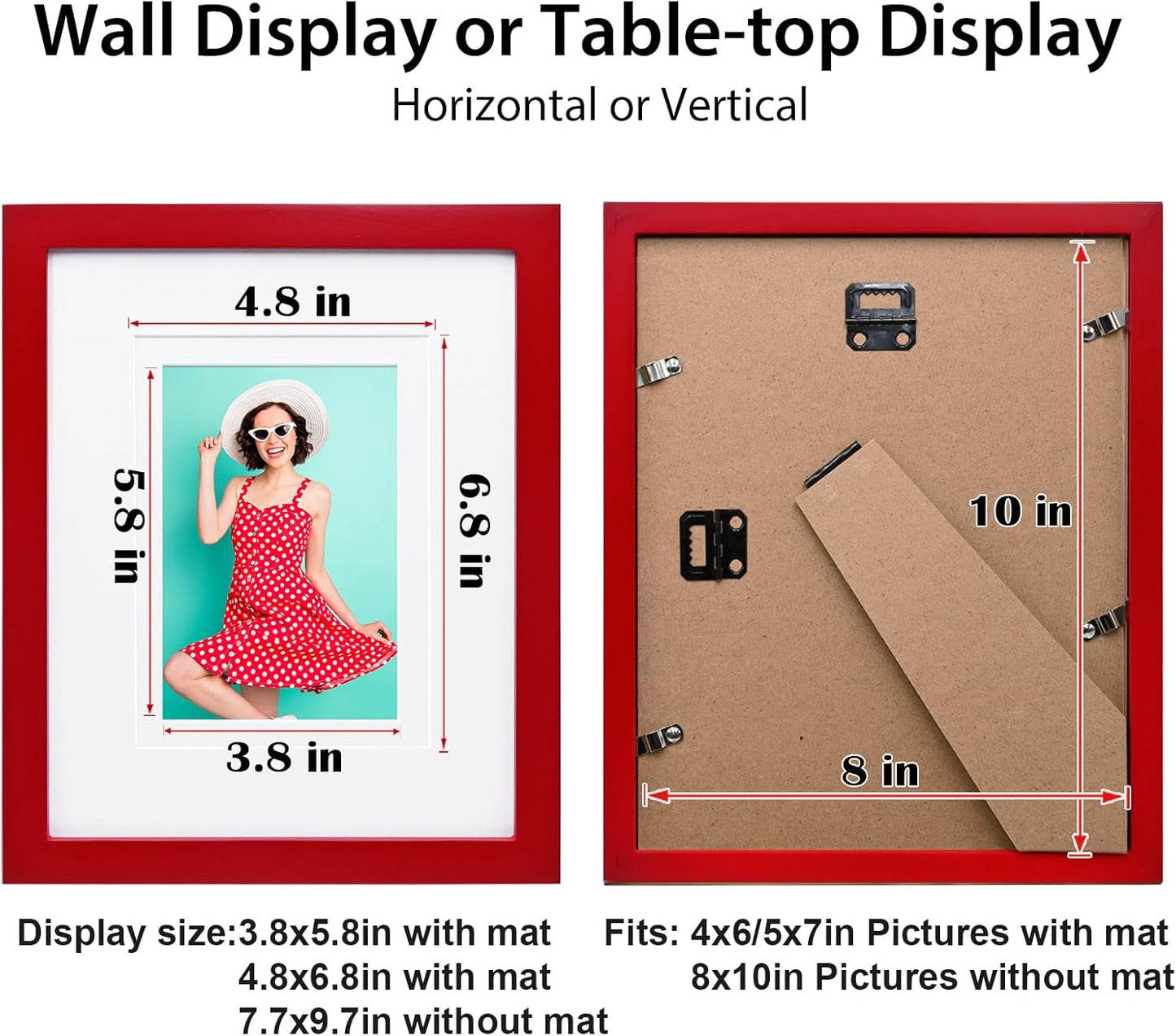 KINLINK 8x10 Picture Frames Red, Solid Wood Frames with Acrylic Plexiglass for Pictures 4x6/5x7 with Mat or 8x10 without Mat, Tabletop and Wall Display Photo Frame, Set of 4