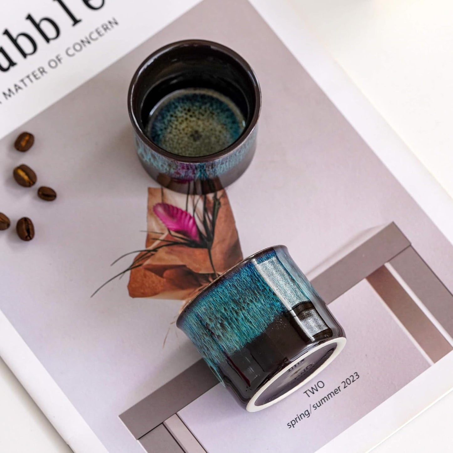 Espresso Cups Set of 2, Ceramic Espresso Cups, Expresso Shots Cups, 2.5oz Tea Cups, Demitasse Cups (4, magic blue outside)