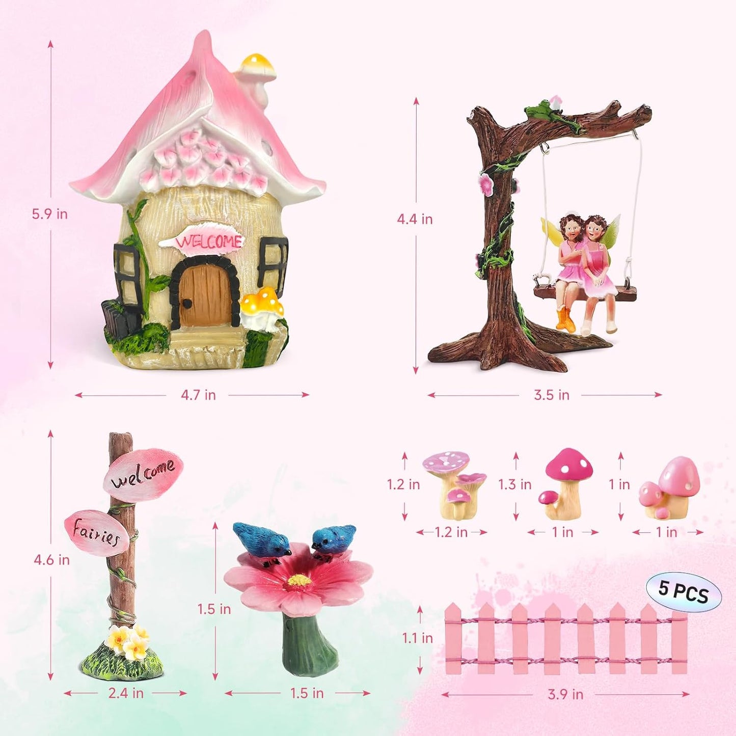 DONABELA Fairy Garden Decor Kit Pink Resin Miniature House Figurines Set Swing Directional Sign Bird Drinking Pool Fence Little Mushroom Outdoor Tiny Accessories for Kids