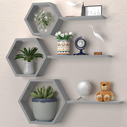 Hexagon Floating Geometric Honeycomb Shelves - Hexagon Floating Shelves Wall Mounted, Honeycomb Wall Shelves Set of 6, Geometric Floating Shelves for Wall Decor, Grey Honey Comb Shelves for Home