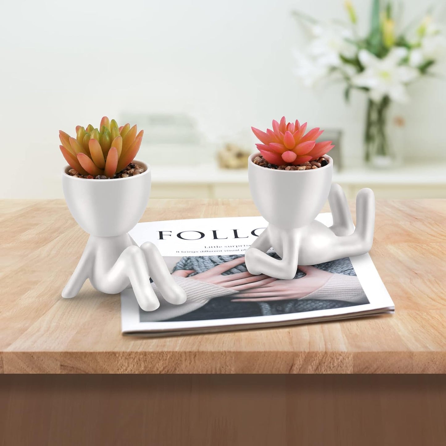 Fake Succulent, Mini Succulents Plants Artificial in White Modern Human Shaped Ceramic Pots Cute Pink Succulent for Office Decor for Women Girls, Desk Plant Cute Bathroom Decor 2PCS