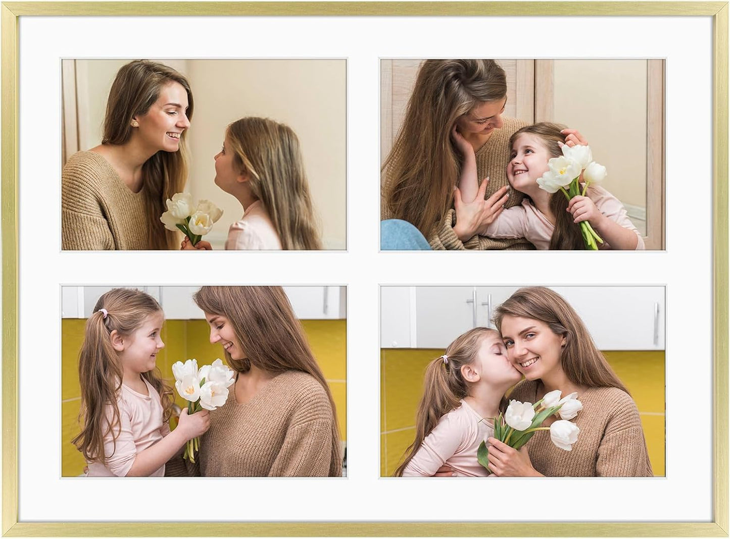 Frametory - 12x16 Aluminum Collage Picture Frame - Display 5x7 Pictures with 4 Openings Mat - Real Glass Front - Horizontal/Vertical Wall Mount - Gold 1 Pack