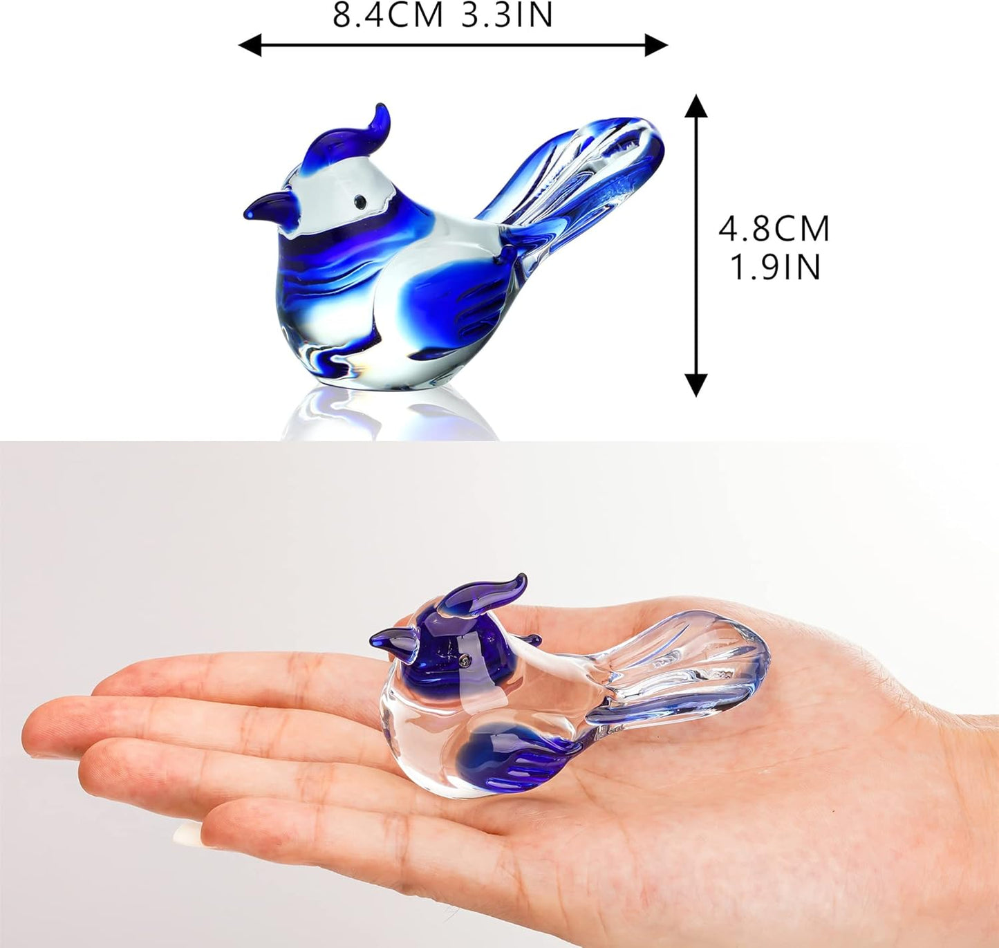 HDCRYSTALGIFTS 3.5inch Blown Glass Bird Figurines Collectibles Blue Jay Statue Ornament Decor Crystal Animal Paperweight Gift