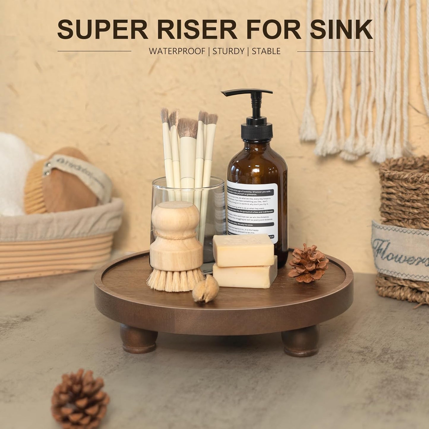 EOSAHR Farmhouse Wood Riser for Home Decor – Acacia Wood Round Pedestal Stand for Bathroom Decor & Kitchen Sink – Decorative Tray for Soap Dispenser, Candle, Plant & Cupcake (Dark Acacia)