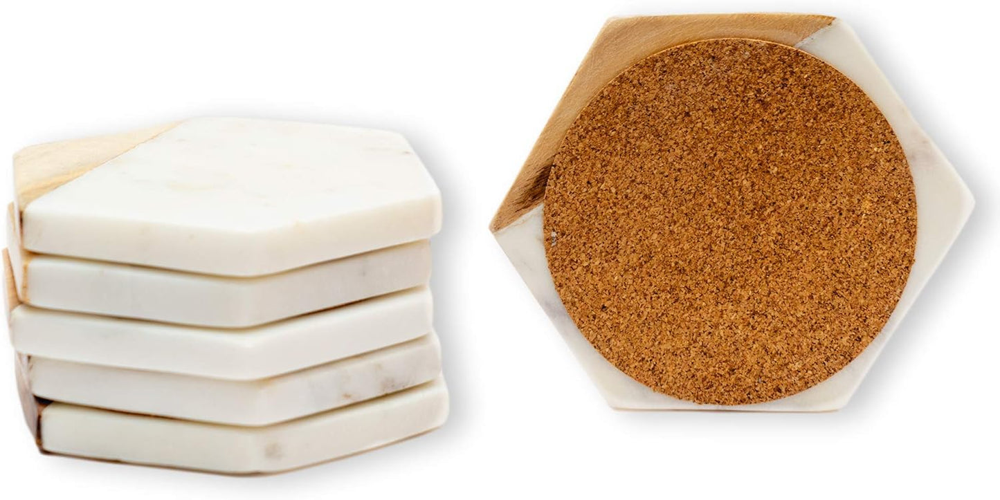 GoCraft Marble & Wood Coasters | Handcrafted Geometric White Marble Coasters with Mango Wood for Drinks, Beverages & Wine/Bar Glasses (Set of 6)
