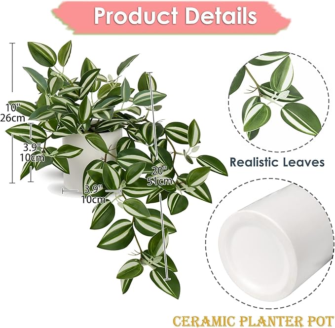 Fake Hanging Plants, 20 Inch Artificial Ivy Plant in Ceramic Pot Faux Vine Potted for Home Bedroom Office Table Shef Desk Indoor Outdoor Decor (Green/White)