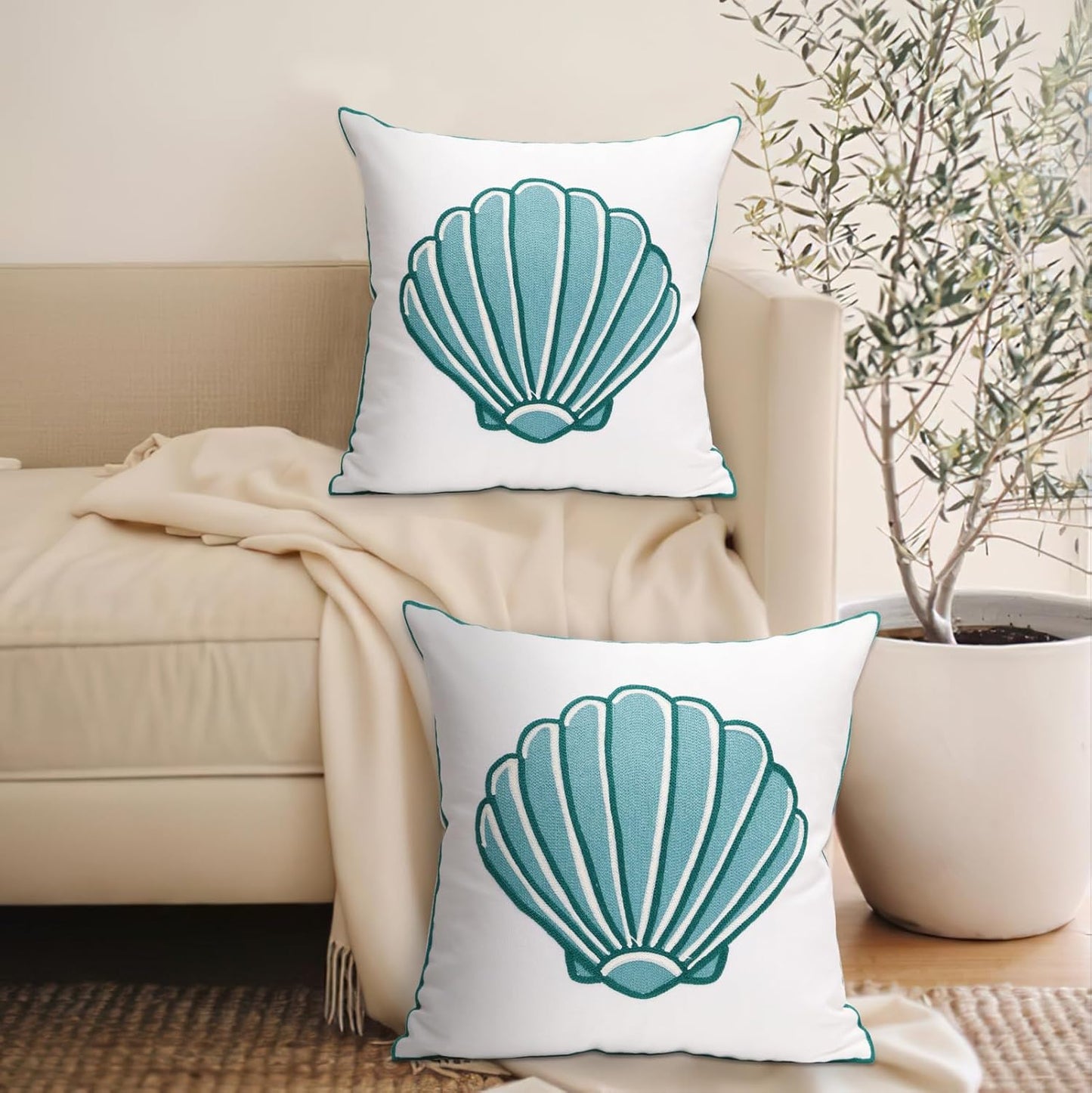 1 PCS Embroidered Throw Pillow Cover Cotton Decorative Square Cushion Cases for Home Sofa Bed and Chair 18 x 18 Inch (Blue Sea Shell-2)