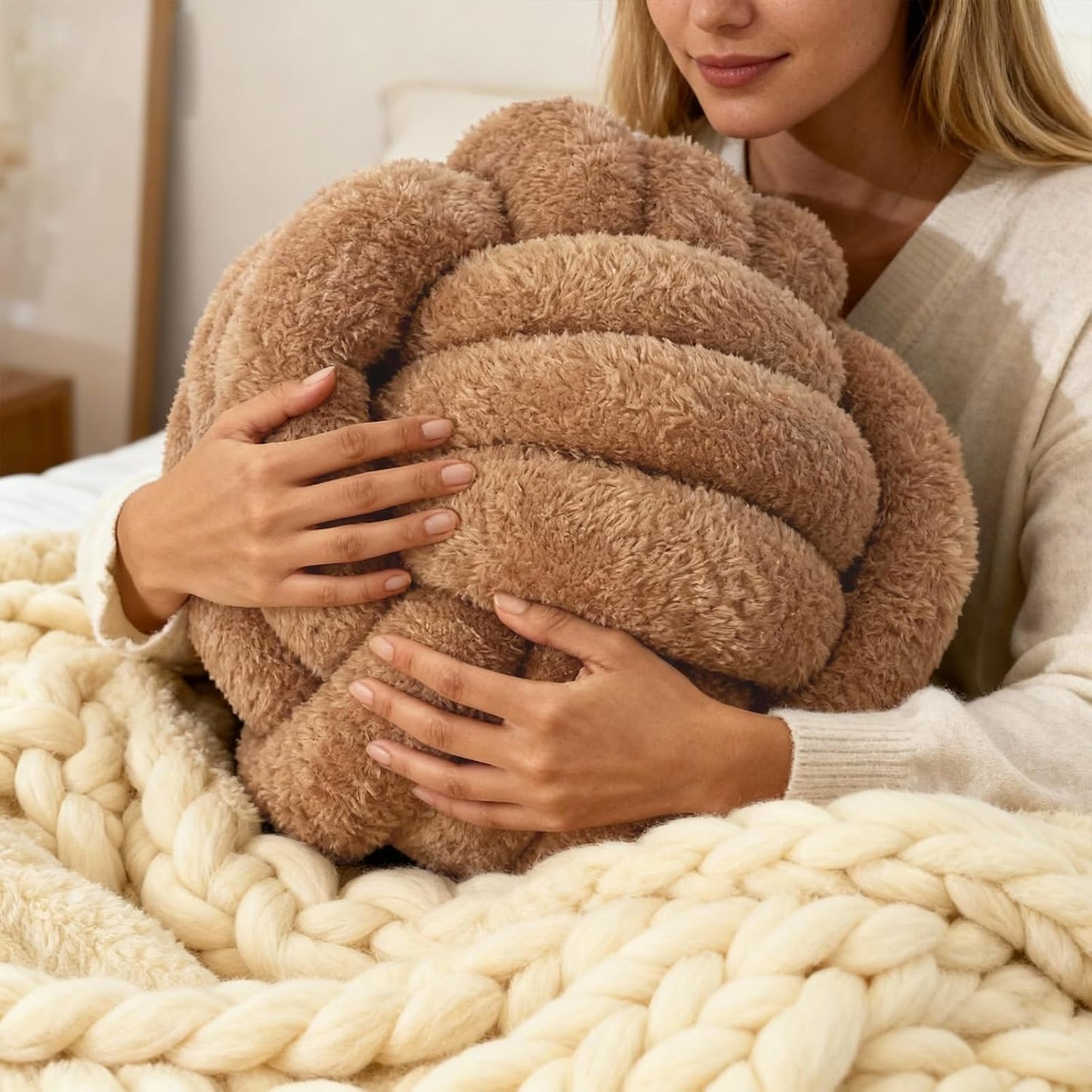 Knot Pillow Ball Plush - Decorative Throw Pillows for Bed Relieve Stress, Round Knot Cushion for Sofa Decor Pet Toy, Khaki 12 inch
