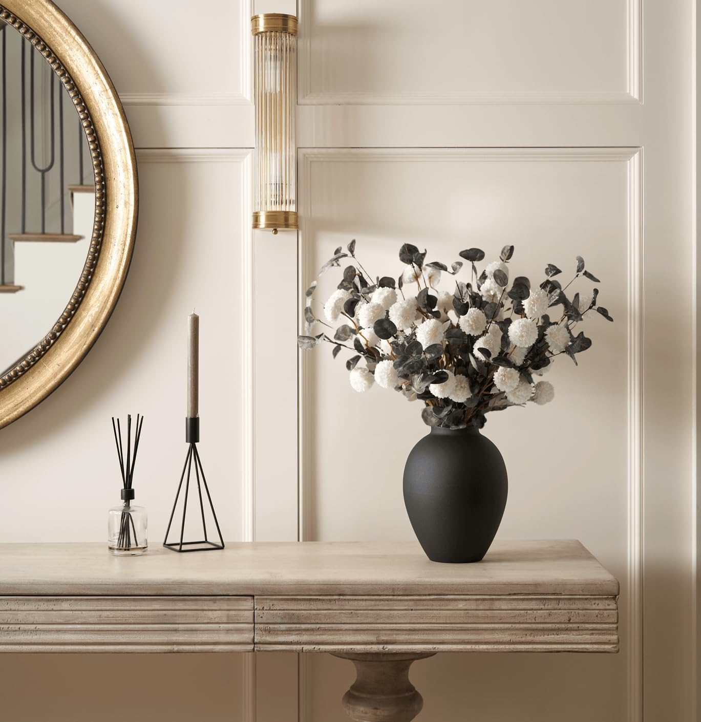 Laelfe 10 Kiku Flowers + 5 Large Eucalyptus Bunches, Silk Fake Pompon Mums (Ball Flower Stems) - Decor for Home, Wedding Filler, Centerpieces & Shower Arrangements