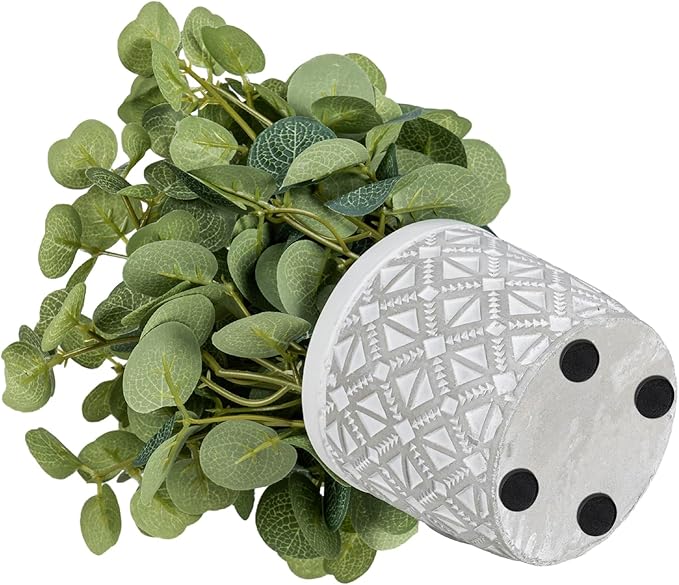 MyGift Artificial Eucalyptus Round Leaf Plant, Faux Bushy Green Leaves Potted in Gray Concrete Pot with Geometric Embossed Pattern, Indoor Home Table Decor