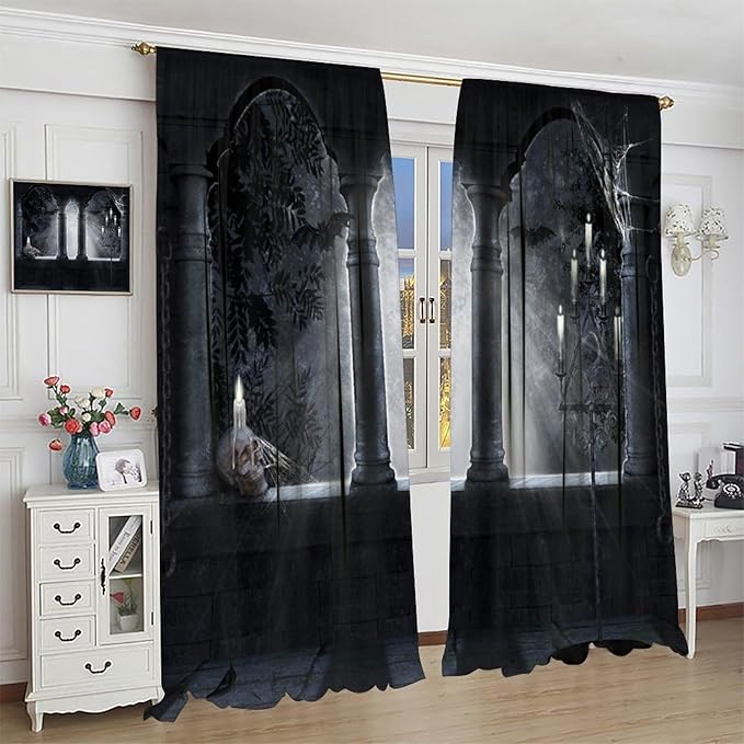 Halloween Blackout Curtains，Candle Skull in Weird Dark Scary Balcony Under Bright Moonlight Pattern Drapes Window 2 Panel Rod Pocket Curtain for Bedroom Living Room Decor 21" W X 45" L