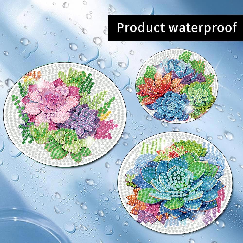 Meothan 8 Pcs Diamond Art Coasters Kits for Adults with Holder Cork Pads, Succulent Diamond Dots Art Painting Coasters Crafts Kit for Home Office Decor (Green Plants)