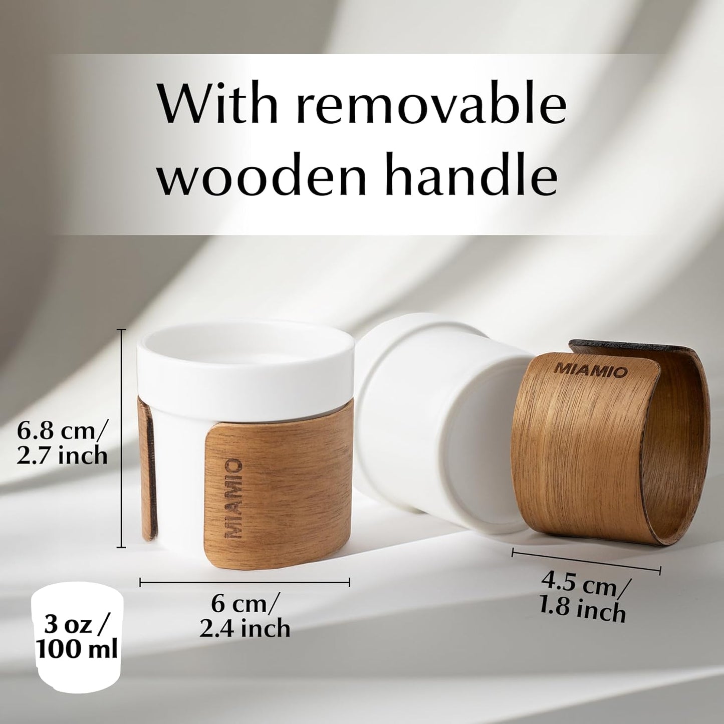 MIAMIO – Espresso Cups Set of 4 (3.5 oz) Japanese Tea Cups Ceramic/Handleless Mug with removable Wooden Cuff/Coffee Cups without Handle (White)