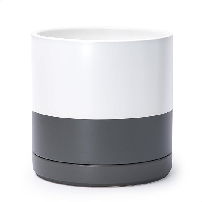 D'vine Dev 10 Inch Ceramic Planter Pot with Drainage Hole and Saucer, Indoor Cylinder Round Planter Pot, White/Speckled Grey, 94-O-E-6