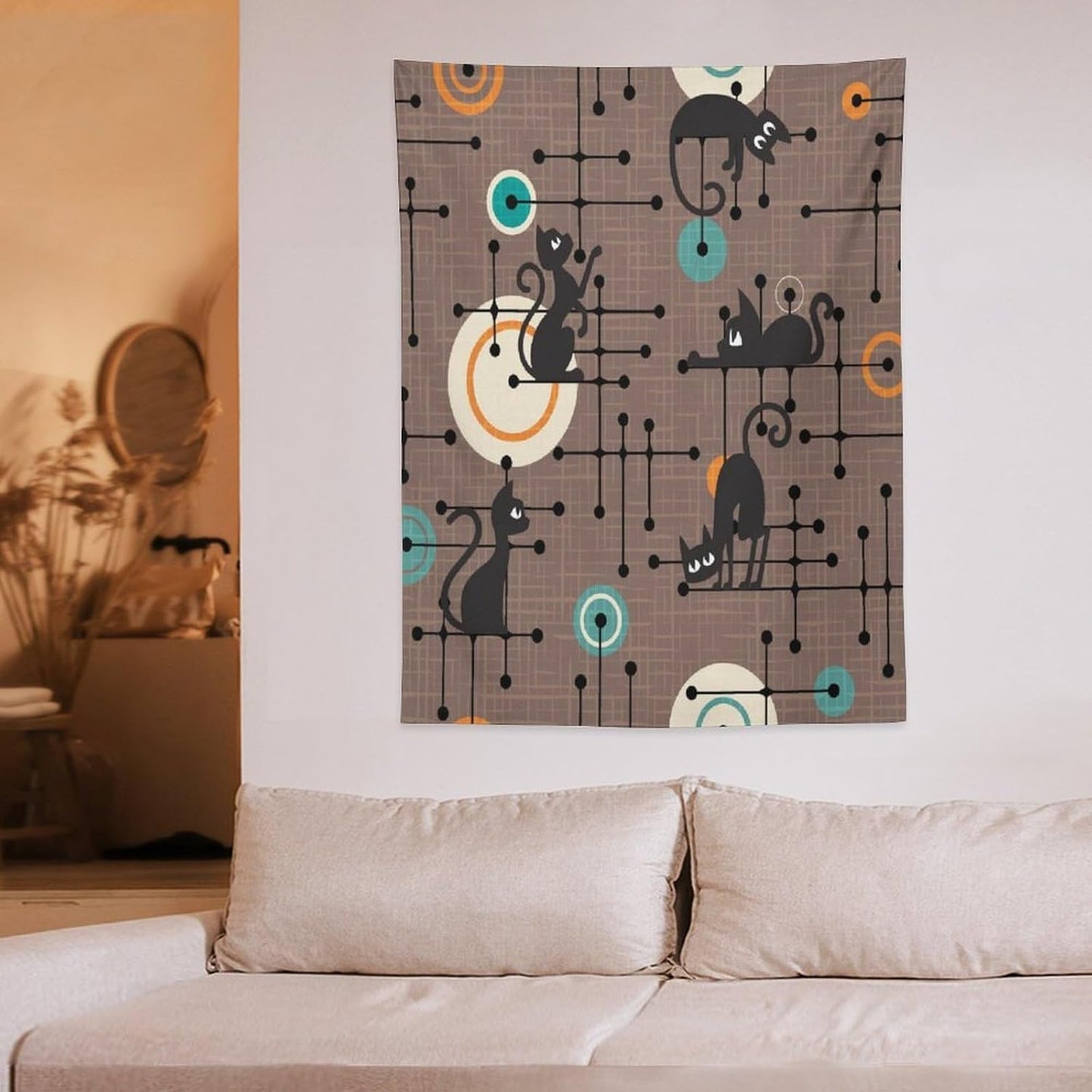 ICMOLYYENLO Boho Medieval Cat Tapestry, Abstract Atomic Starburst Geometric Aesthetic Art Wall Hanging For Bedroom Living Room Dormitory 50x60 Inches