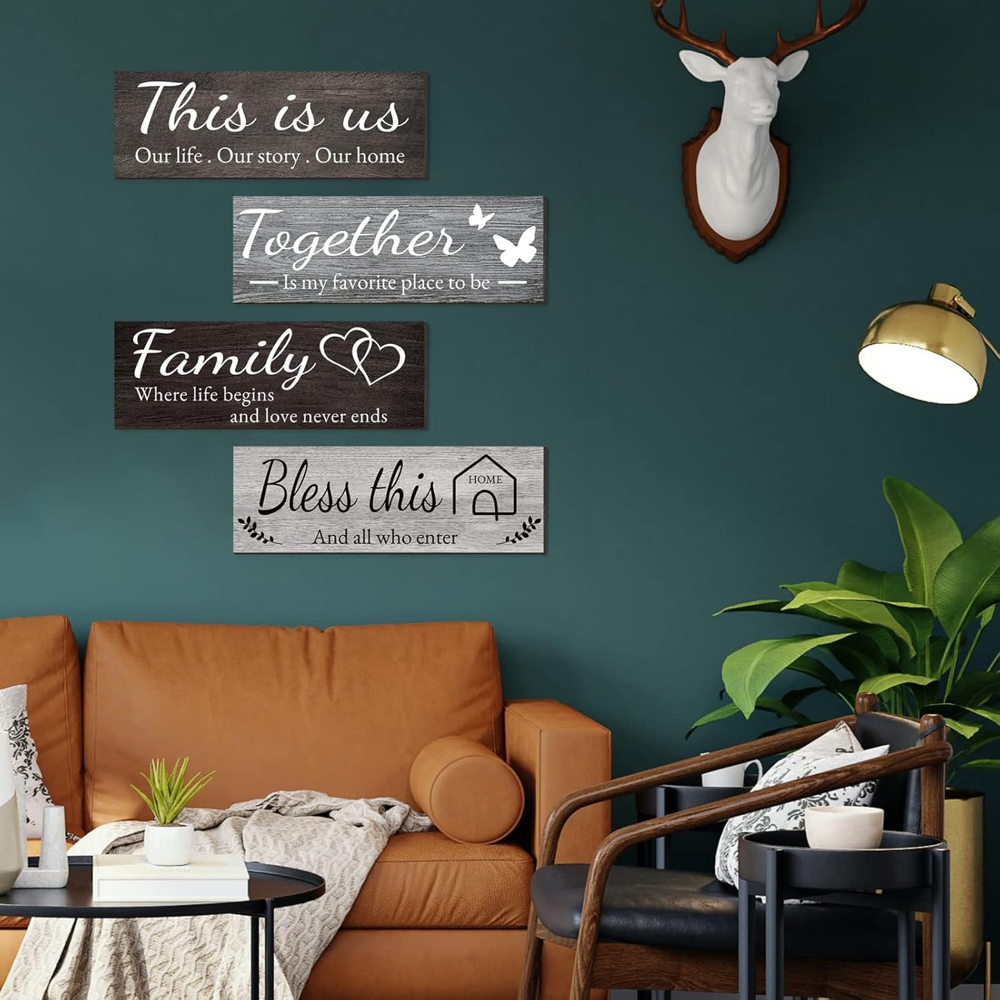 Joyhawk 4 Pieces Home Wall Decor Signs, THIS IS US/TOGETHER/BLESS THIS HOME/FAMILY Wall Decor For Living Room Bedroom, Rustic Wooden Farmhouse Wall Art Decor, 4.7 x 13.8 Inch(Mixed Color)