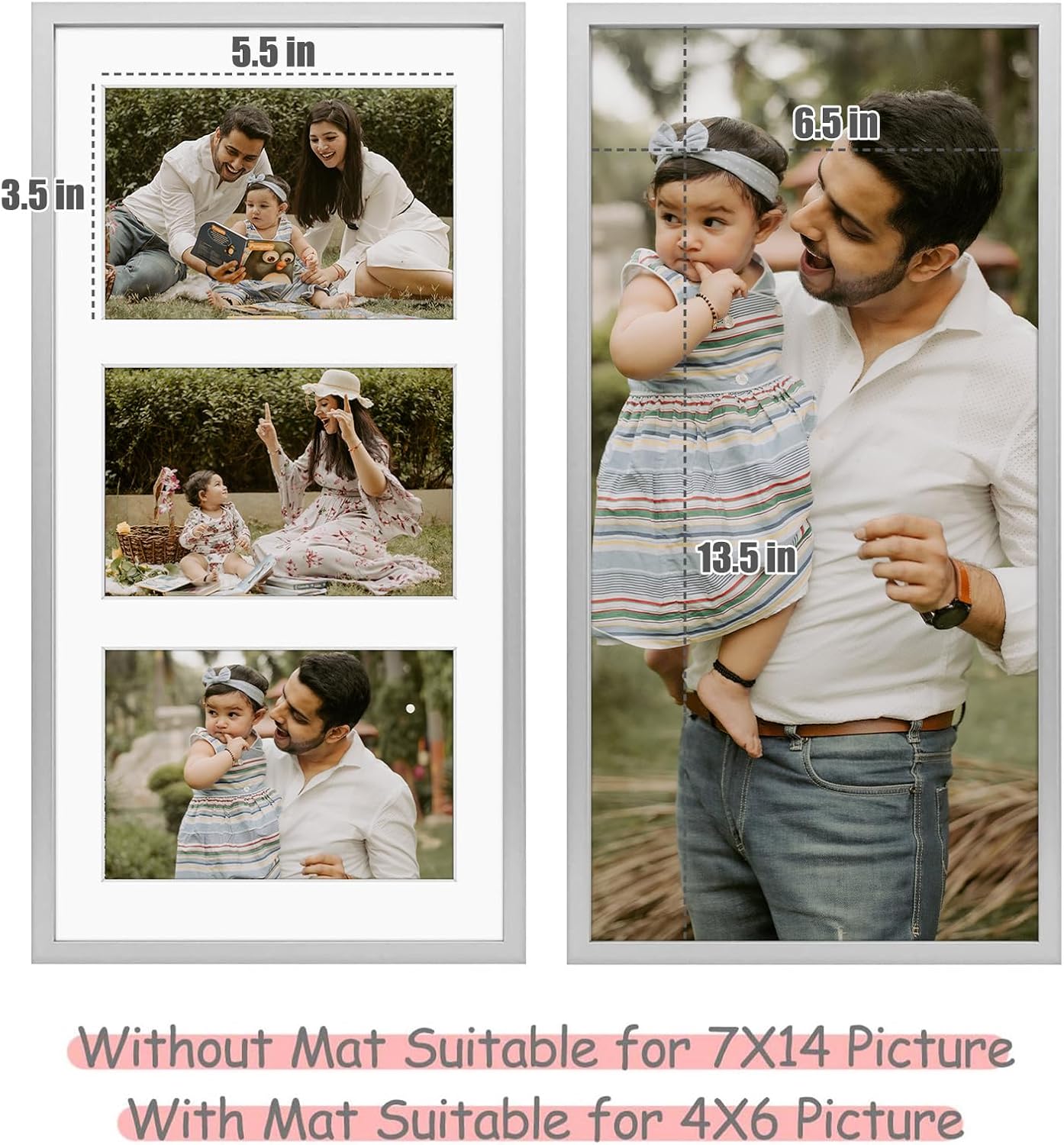 Frametory - 7x14 Aluminum Collage Picture Frame - Display 4x6 Pictures with 3 Openings Mat - Real Glass Front - Horizontal/Vertical Wall Mount - Silver 1 Pack