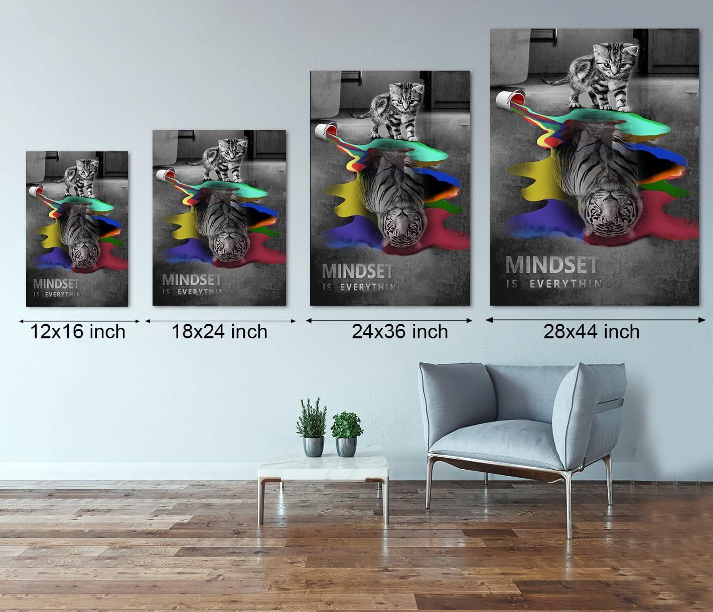 Colorful Animal Artwork Motivational Posters Canvas Wall Art Inspirational Prints Cute Cat Tiger Picture Mindset Is Everything Art Work Painting Home Decor for Classroom Dorms Office Decor-12"Wx16"H