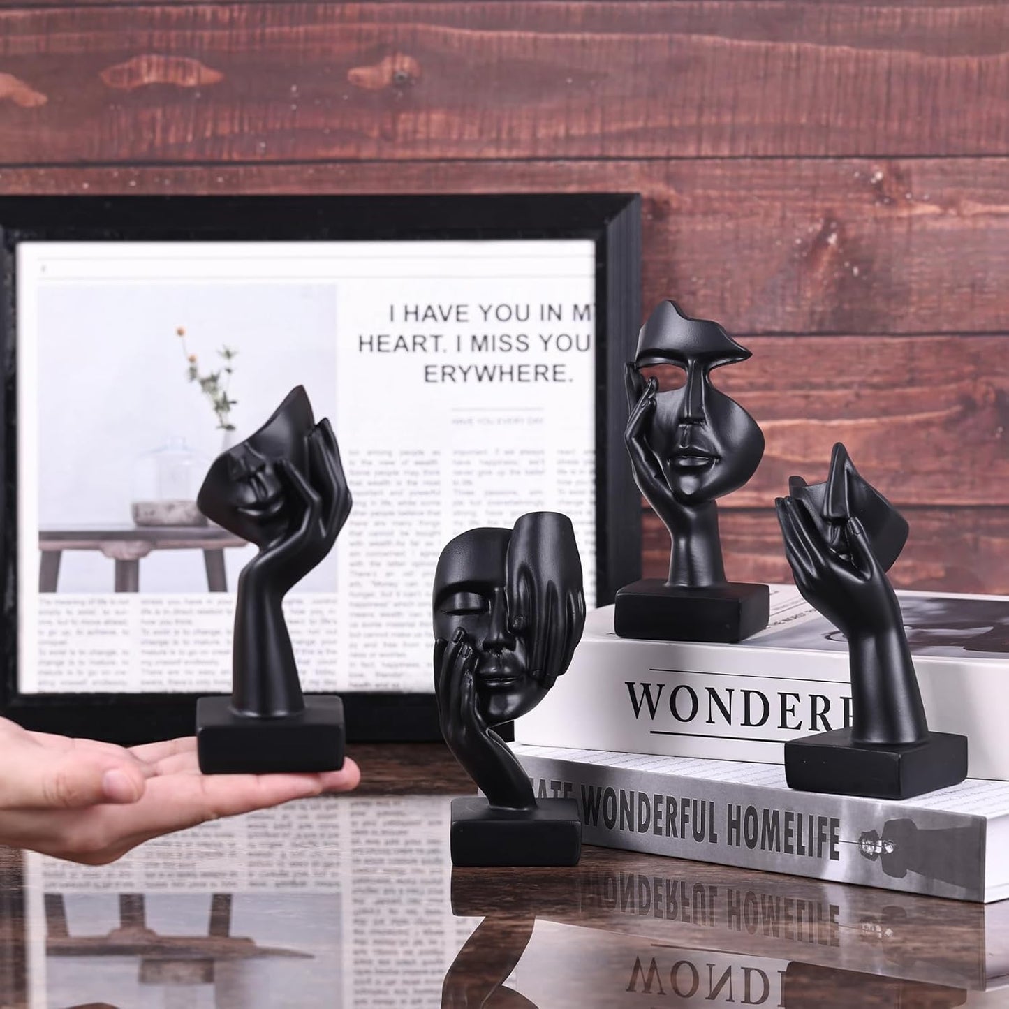 Black Abstract Thinker Figurine Set of 4, Home Art Face Small Statue for Accents Decor Women Bedroom Shelf Bookcase Room Desk, TV Stand, Coffee Table Decor, for Women Art Decor Gifts (Black)