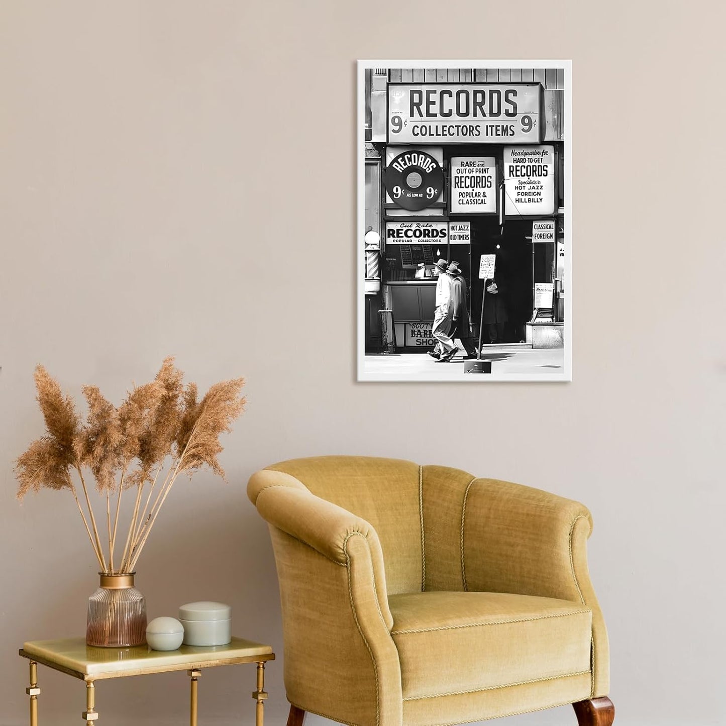 Fashion Black And White Photography Wall Art Vintage Preppy Record Shop Poster Retro Trendy Music Art Aesthetic Canvas Print for Music Lovers Gifts 20x30in Framed