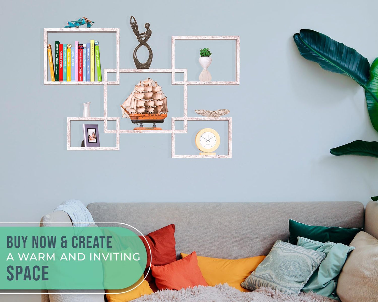 Comfify Rustic Wall Mounted Square Shaped Floating Shelves – Set of 5 Square Shelves for Bathroom, Bedroom, Living Room & More – Wall Decor Display for Home - Distressed White